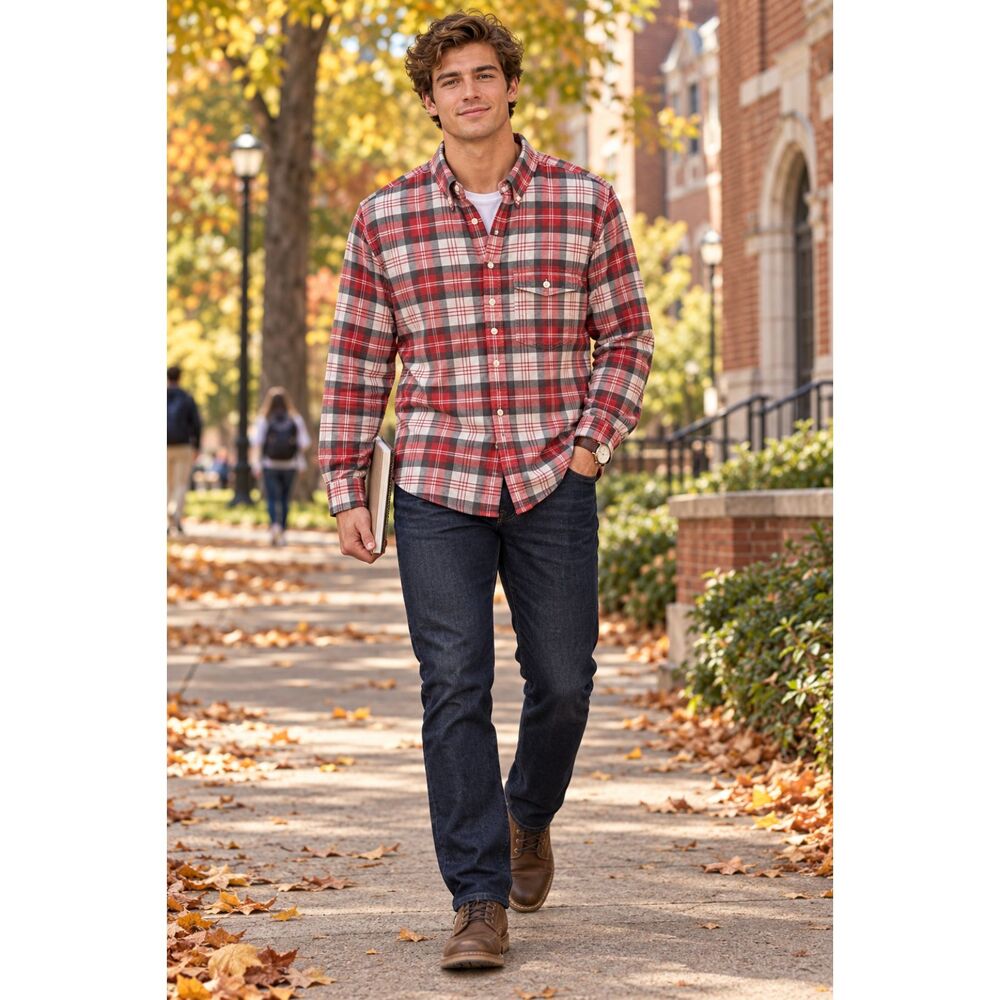 Y2K Vtg Abercrombie & Fitch Plaid Oxford OCBD Shirt Mens L Coral Grey Preppy EUC
